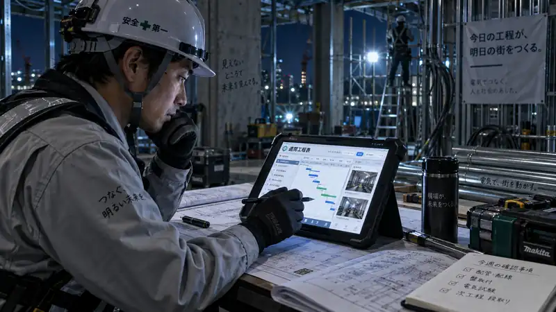 タブレットで週間工程表を確認する作業者