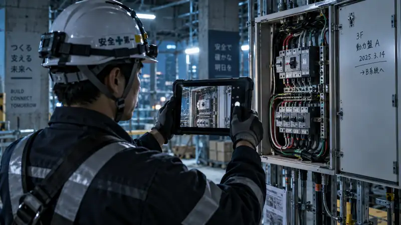 分電盤をタブレットで撮影して記録する作業者