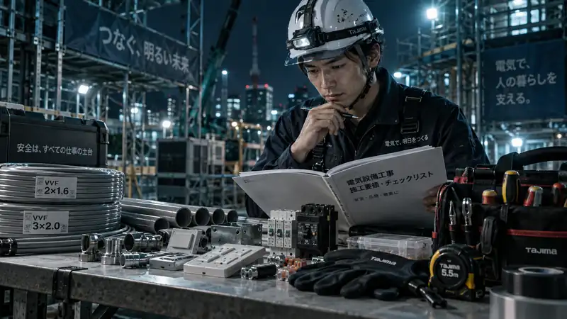 工具と資材を前にチェックリストを読む作業者