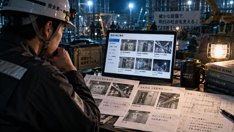 過去の施工事例の一覧を見返す作業者