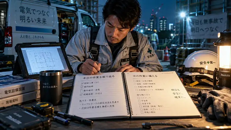 作業後にノートで振り返りを書き出す作業者